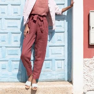 Not Perfect Linen Forest Green Tapered pleated linen pants